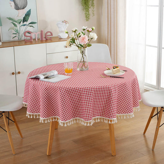 Red Fine Check Round Tablecloth with Tassels