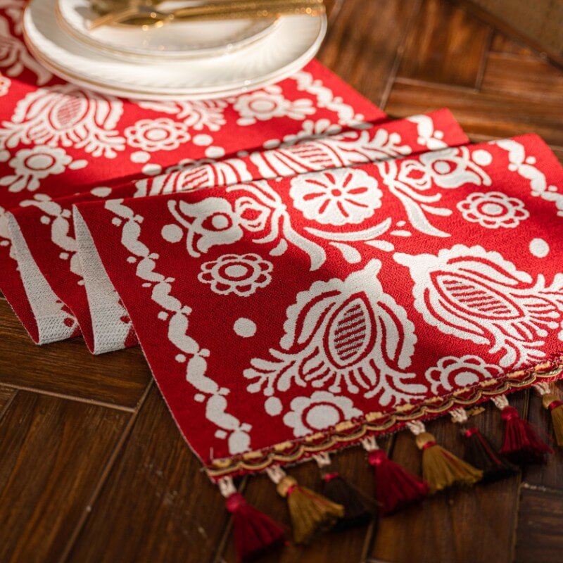 Red Festive Table Runner with Tassels