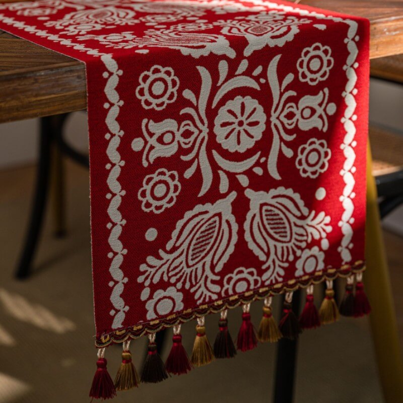 Red Festive Table Runner with Tassels