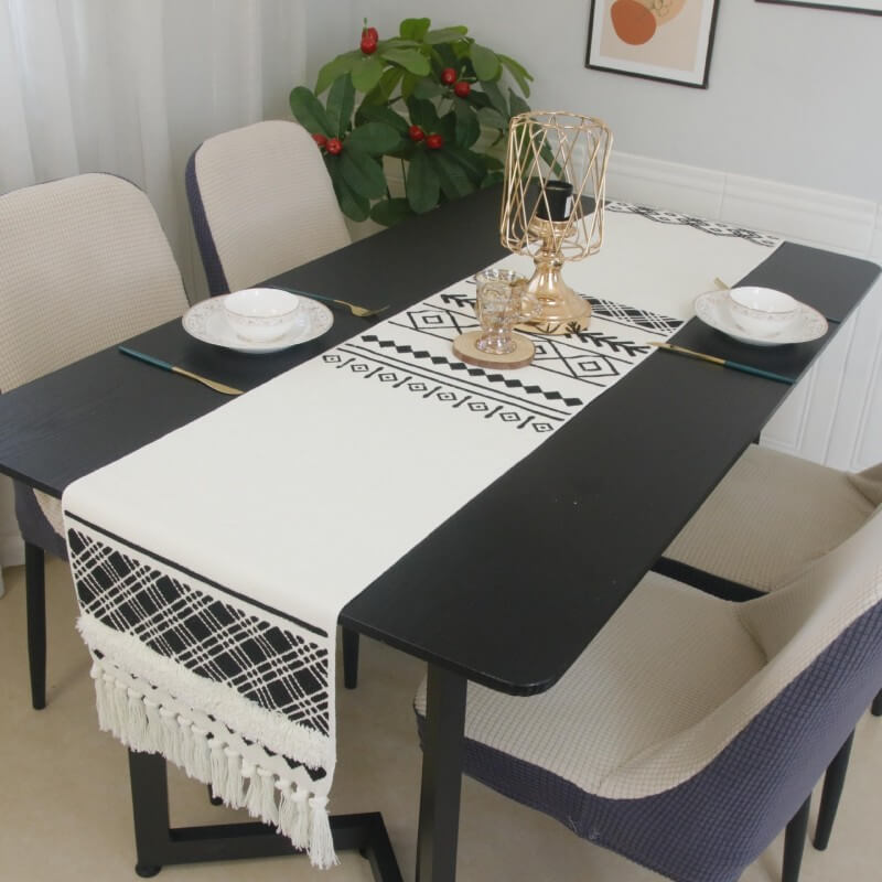 Black Geometric Plush Table Runner with Tassels