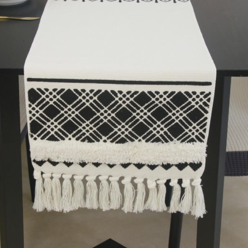 Black Geometric Plush Table Runner with Tassels