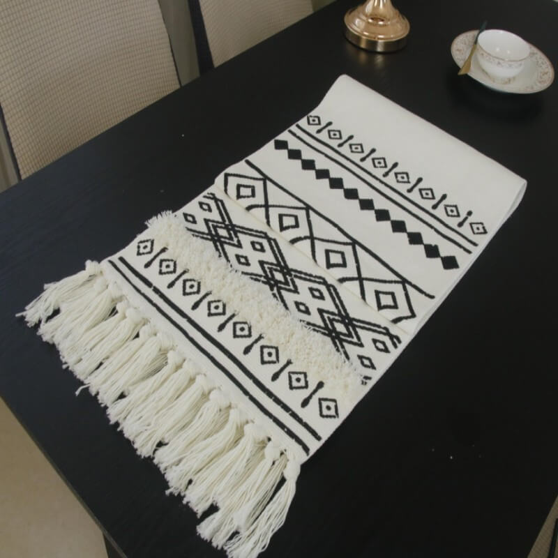 Black Geometric Plush Table Runner with Tassels