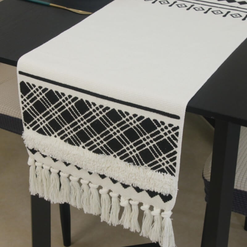 Black Geometric Plush Table Runner with Tassels