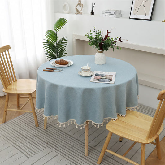 Solid Color Waterproof And Oilproof Round Tablecloth With Tassels