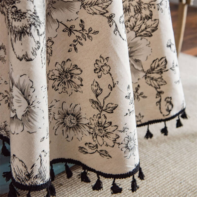 Black Floral Tassel Round Tablecloth