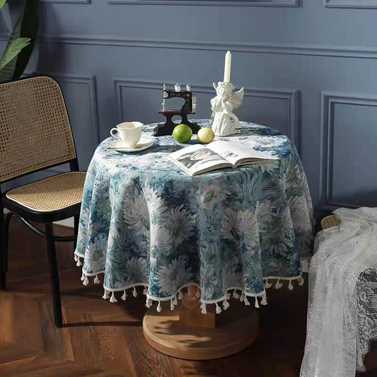 Vintage Blue Floral Tassel Round Tablecloth