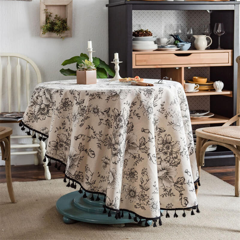 Black Floral Tassel Round Tablecloth