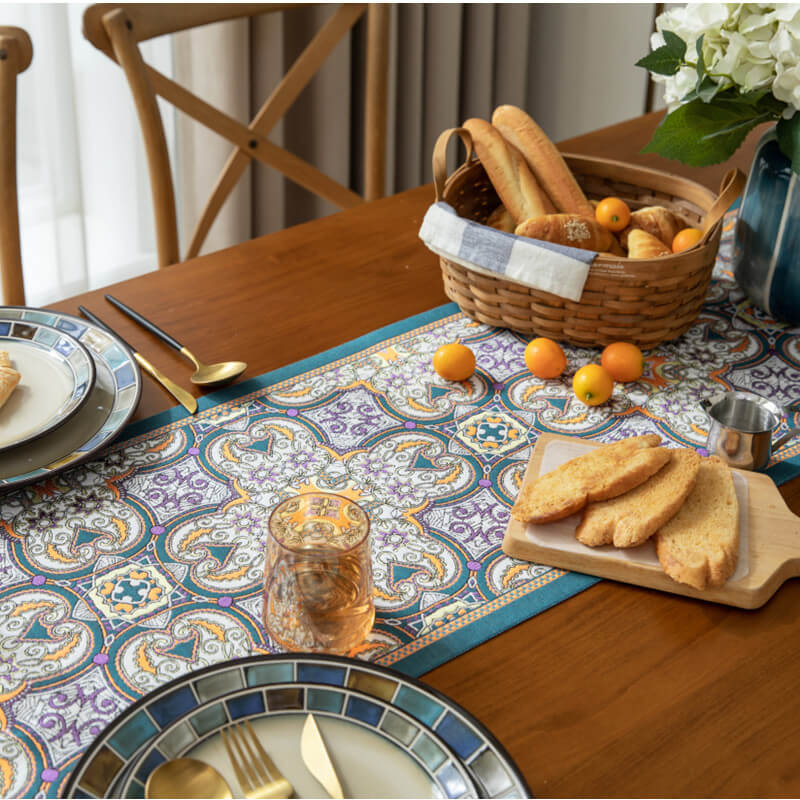 Ethnic Cross Flower Table Runner with Tassels