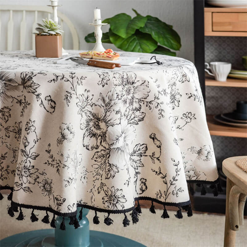 Black Floral Tassel Round Tablecloth