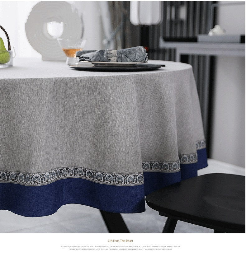 Gray and Blue Cotton Round Tablecloth