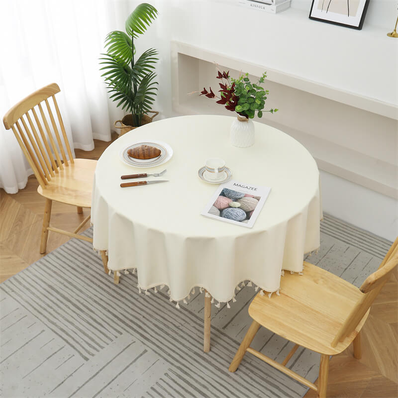 Solid Color Waterproof And Oilproof Round Tablecloth With Tassels