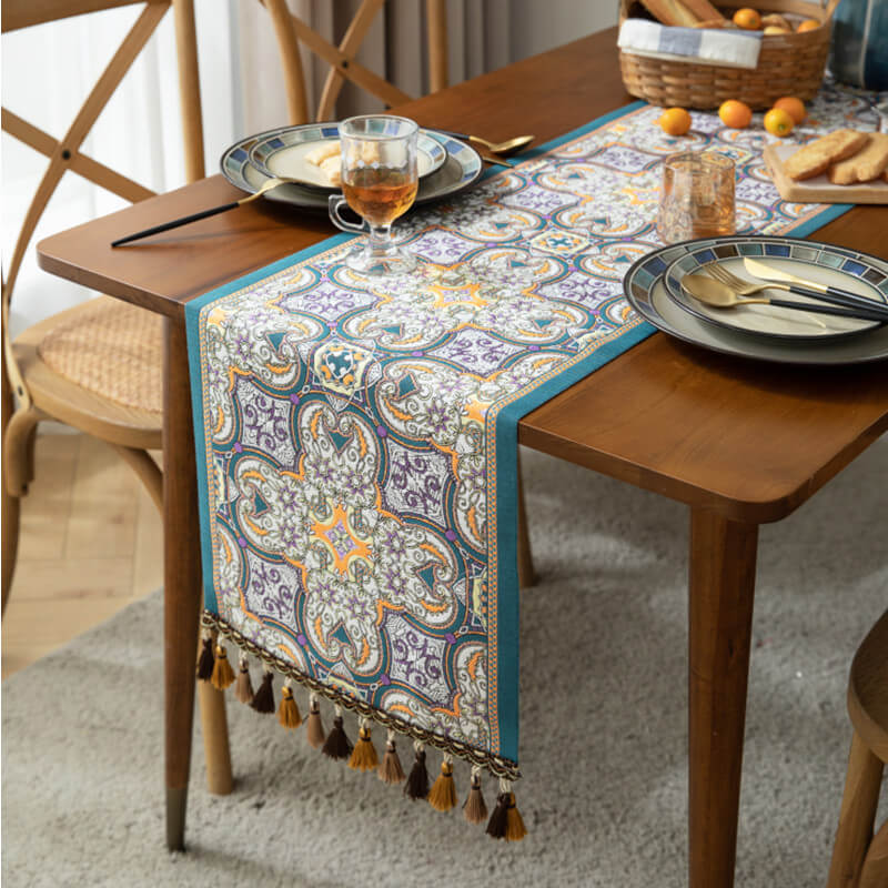 Ethnic Cross Flower Table Runner with Tassels