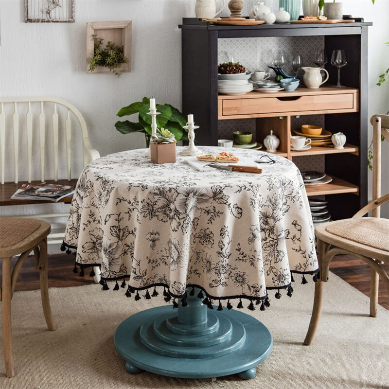 Black Floral Tassel Round Tablecloth