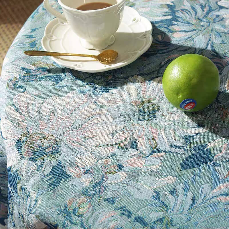 Vintage Blue Floral Tassel Round Tablecloth