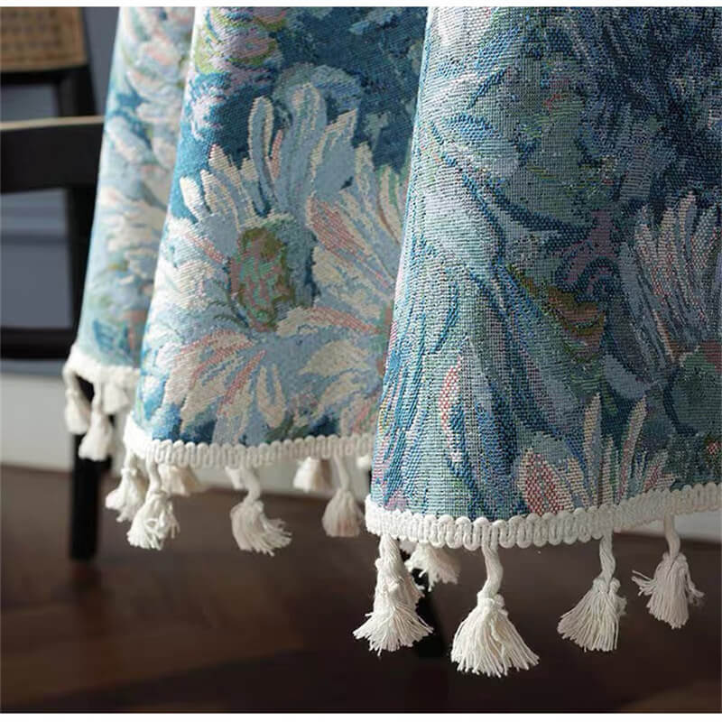 Vintage Blue Floral Tassel Round Tablecloth