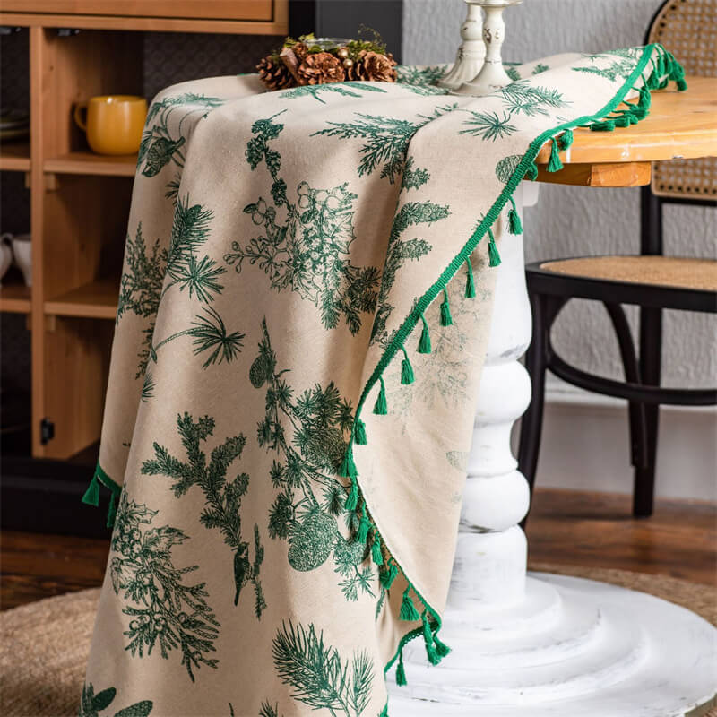 Green Pine Branches with Tassels Round Tablecloth