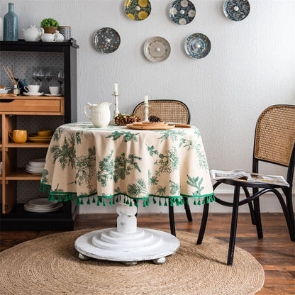 Green Pine Branches with Tassels Round Tablecloth