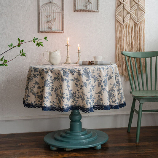 Blue Rose Lace Cotton Linen Round Tablecloth