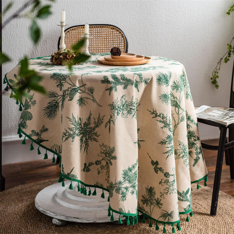 Green Pine Branches with Tassels Round Tablecloth