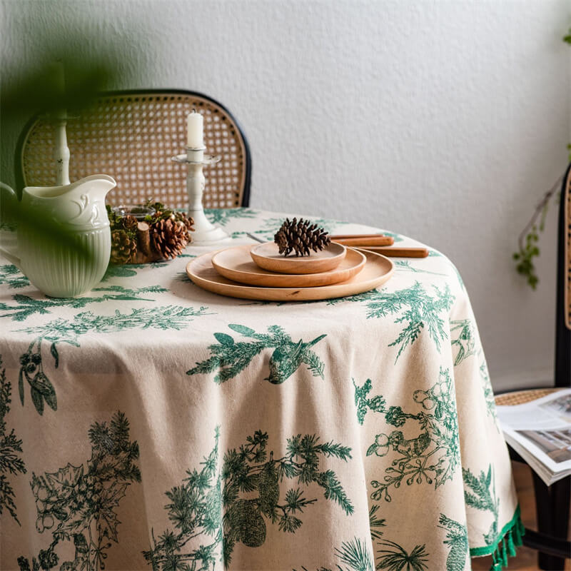 Green Pine Branches with Tassels Round Tablecloth